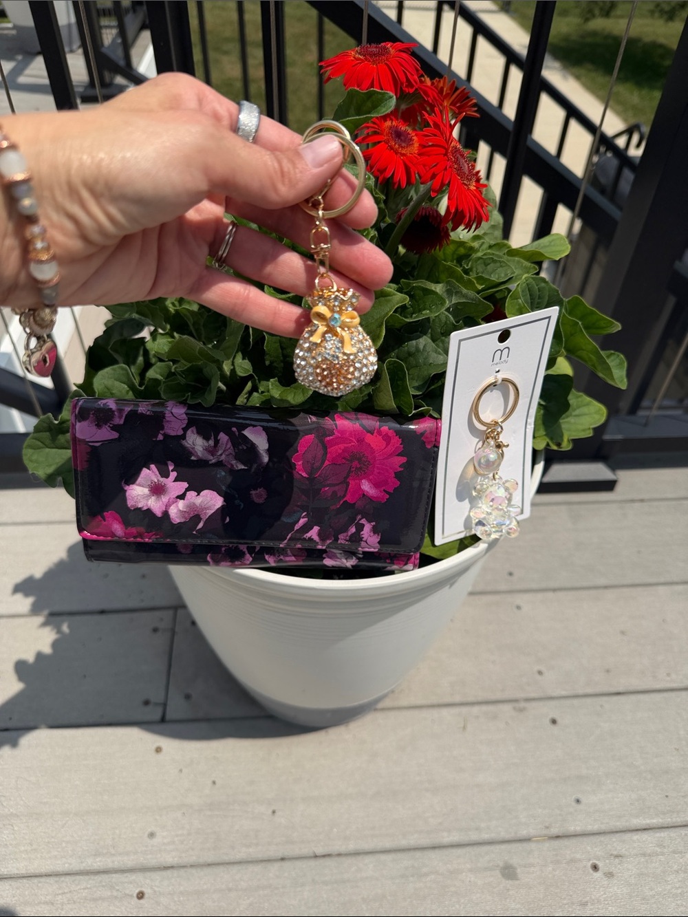 Floral Patent Faux Leather Wallet with Pink & Black Bloom with two bag charms!
